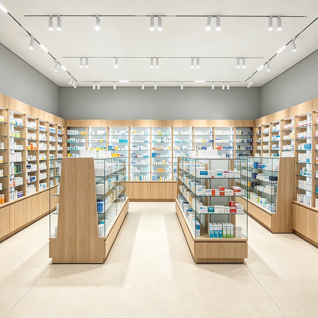 Custom LED Wooden Pharmacy Shelving with Glass Showcase - Pharmacy & Medical Displays
