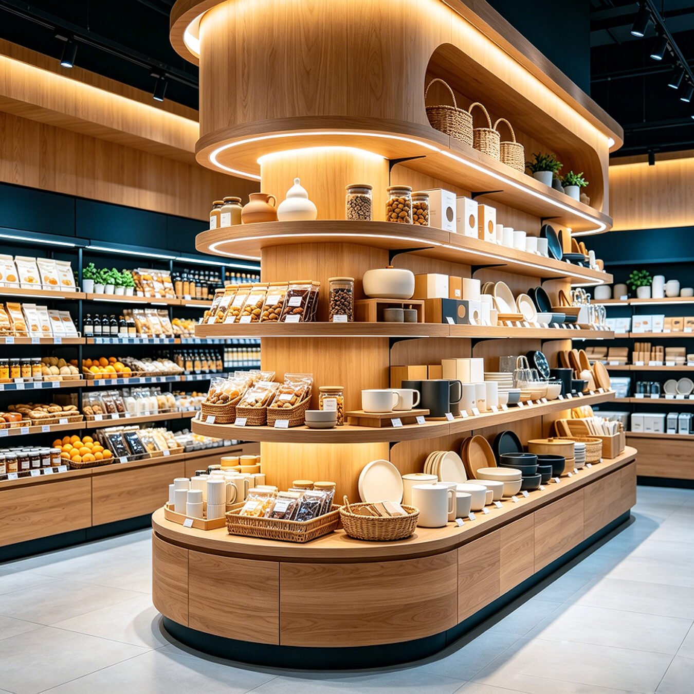 Curved Wood LED Retail Display Island for Premium Grocery & Home Goods - Supermarket & Grocery Shelving