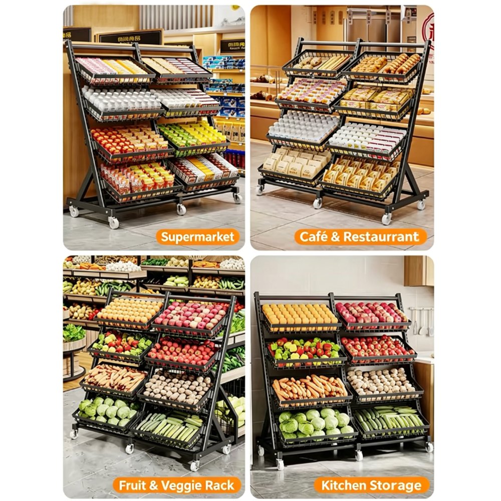Heavy-Duty Grocery Store Fruit Vegetable Display Rack with Casters - Supermarket & Grocery Shelving