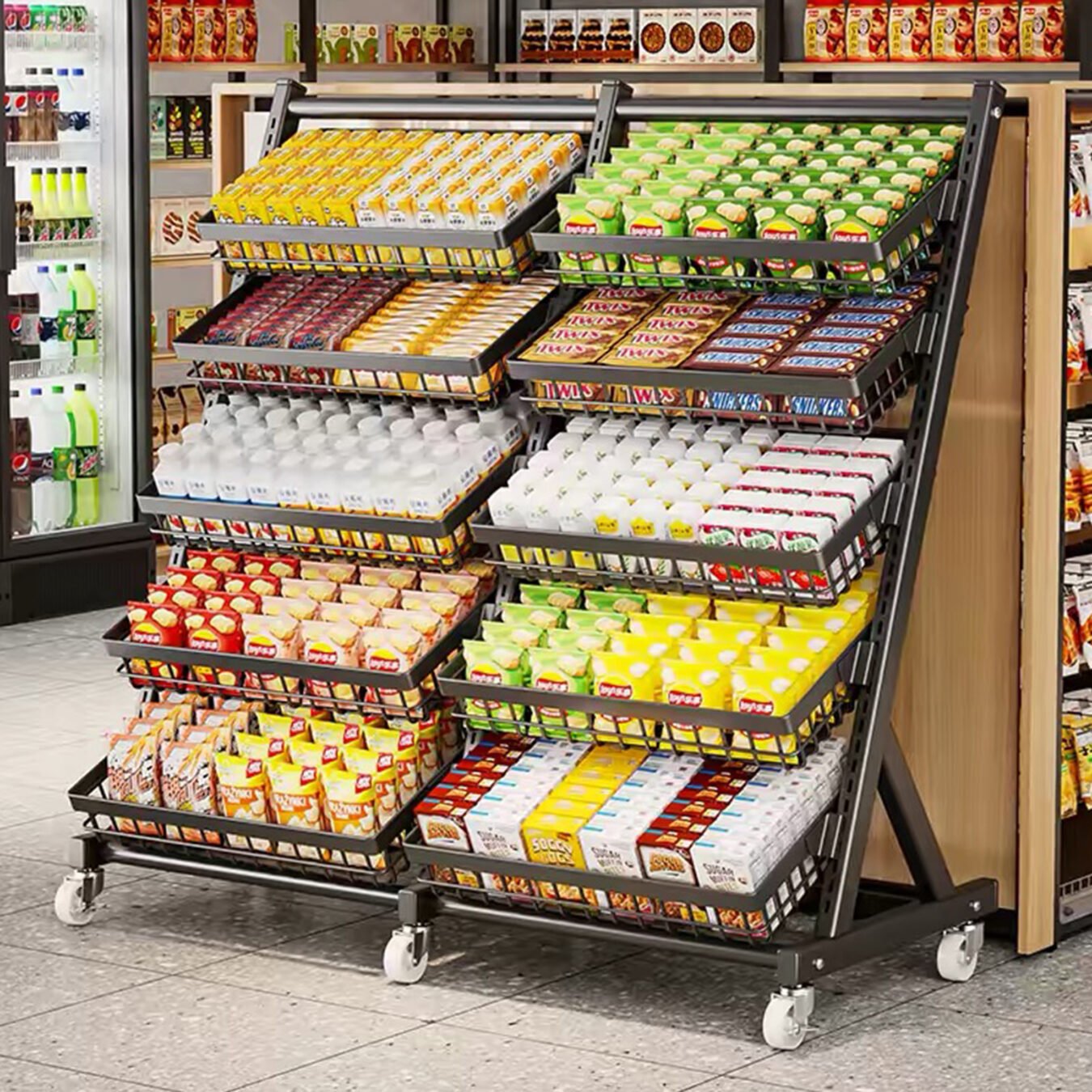 Heavy-Duty Grocery Store Fruit Vegetable Display Rack with Casters - Supermarket & Grocery Shelving