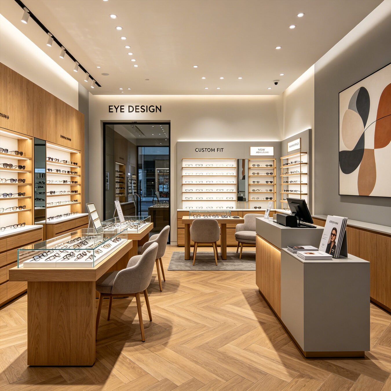 Custom Wood Eyewear Boutique Interior Display Fixtures System - Optical Displays