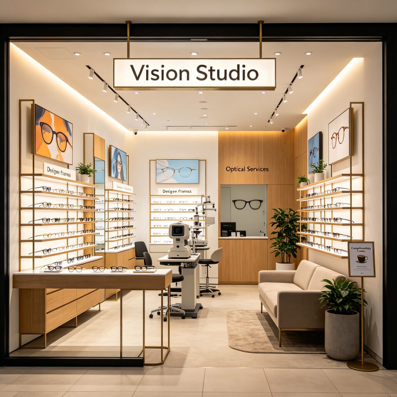 Modern Gold Frame LED Eyewear Boutique Complete Interior Fixtures - Optical Displays