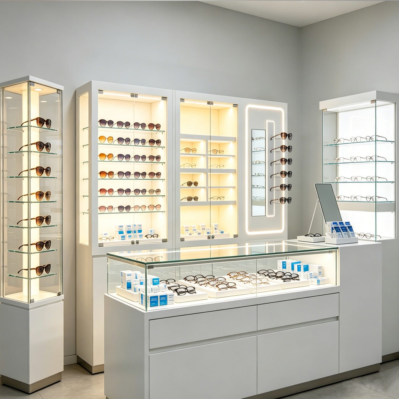 Floor Tower Display Cabinets & Reception Counter for Optician Shop - Optical Displays