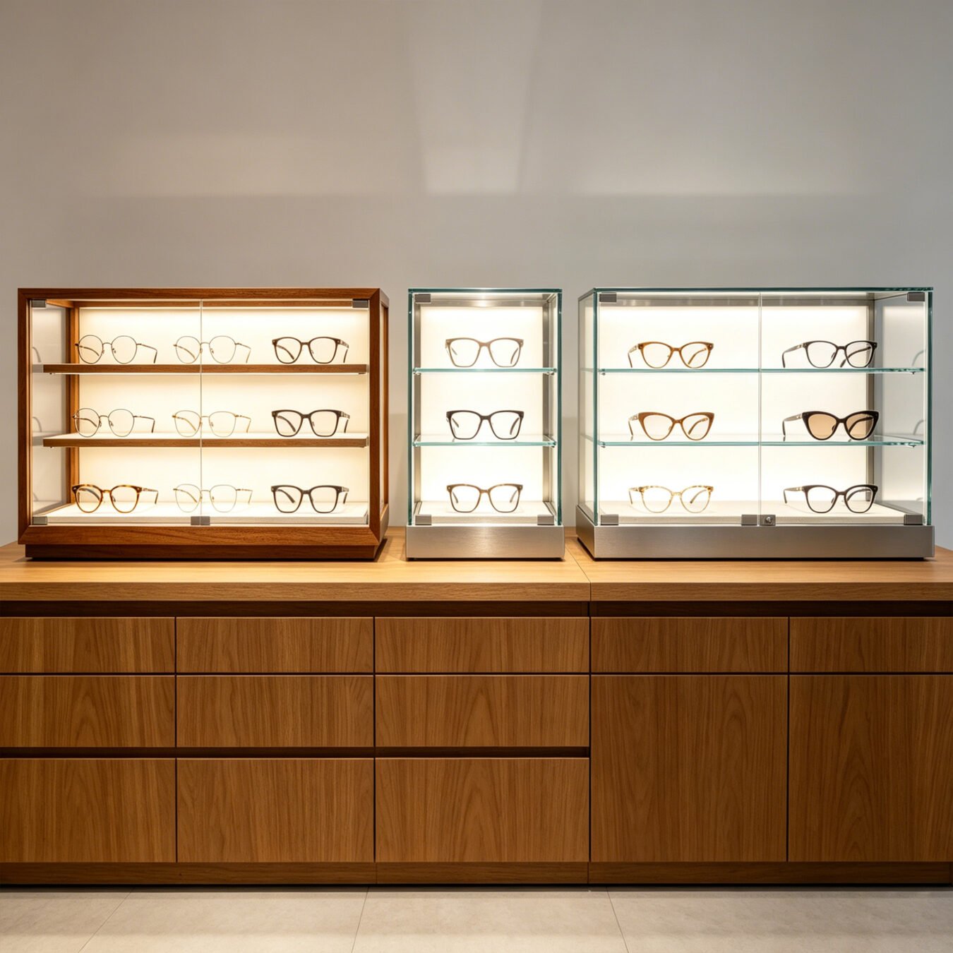 Eyewear Display Cabinet Manufacturer | Wood Optical Wall Showcase Furniture - Custom Store Display Solutions