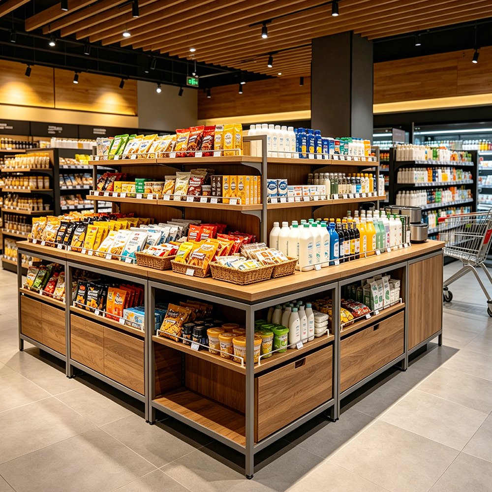 Double-Sided Retail Gondola Unit with Drawer Storage Merchandising - Supermarket & Grocery Shelving