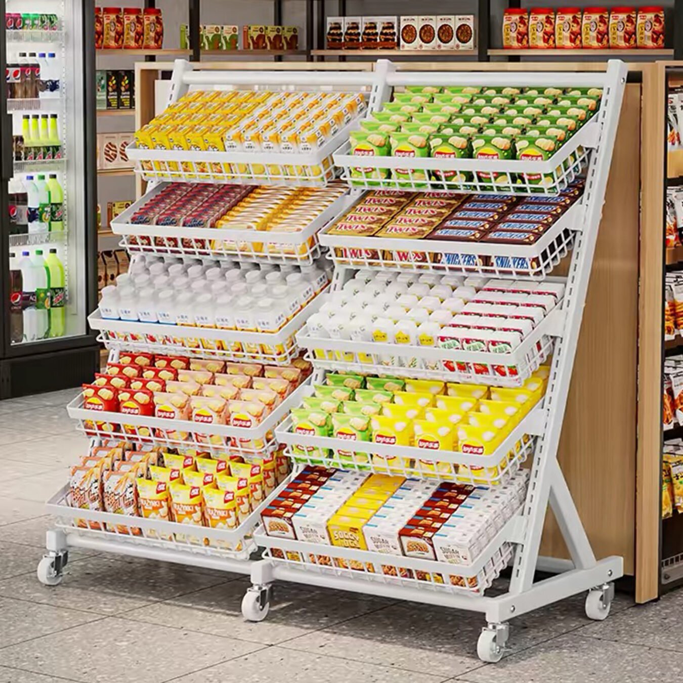 Heavy-Duty Grocery Store Fruit Vegetable Display Rack with Casters - Supermarket & Grocery Shelving