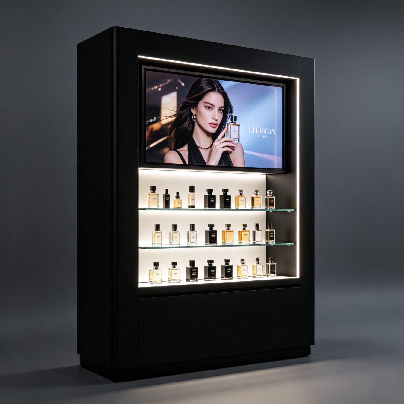 Illuminated Perfume Display Cabinet with Built-In Digital Marketing Screen for Luxury Fragrance Retail - Cosmetic & Be...