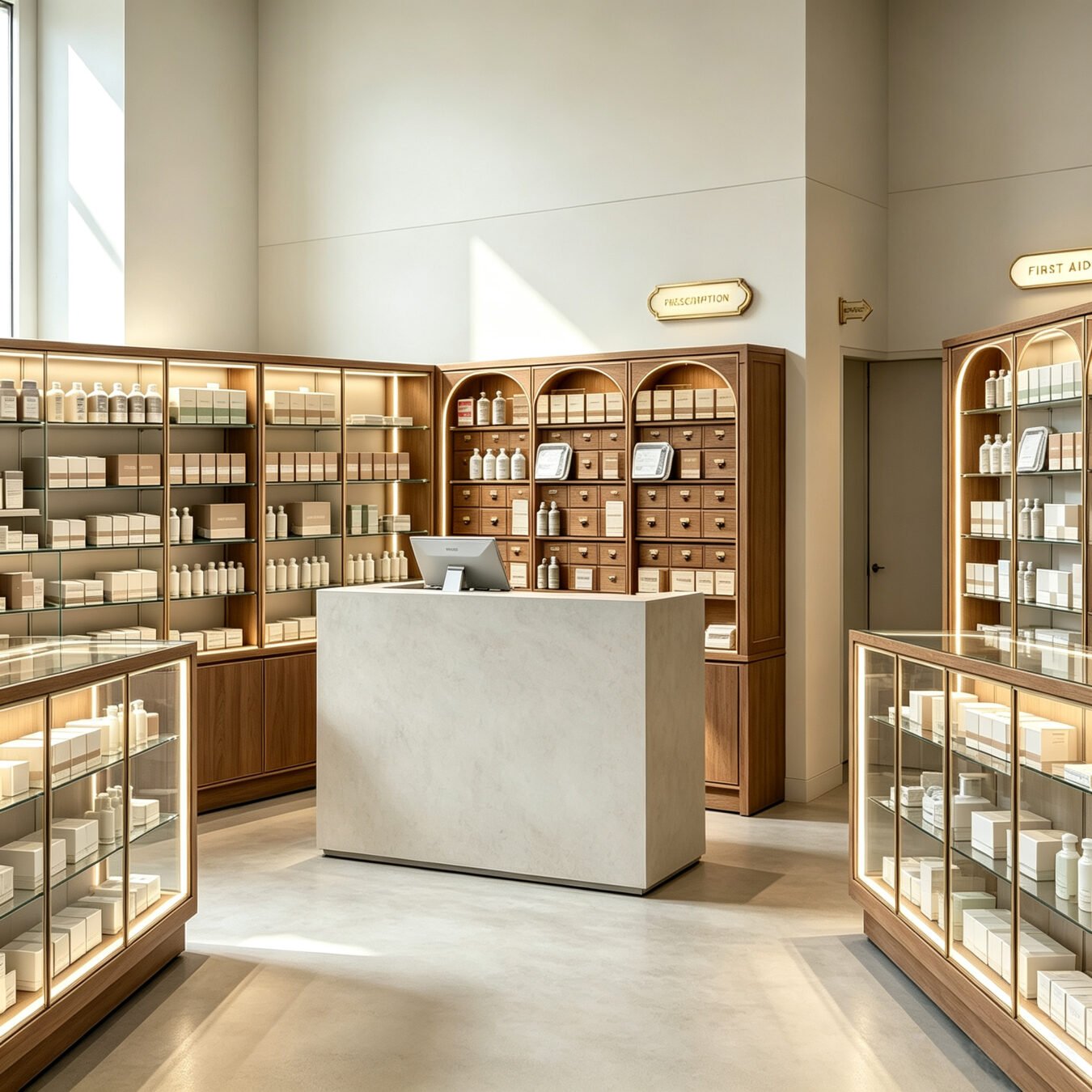 Glass Island Showcase + Modular Wall Cabinets for Pharmacy, Skincare & Wellness Shop - Pharmacy & Medical Displays