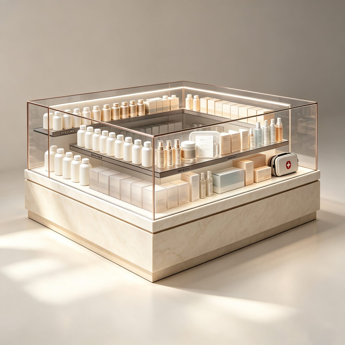 Custom Glass Island Showcase with Marble Base for Luxury Skincare & Pharmacy - Pharmacy & Medical Displays