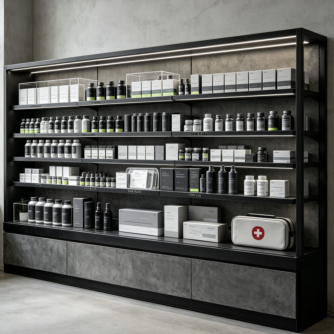 Industrial Black Frame Wall Display Shelf with Concrete Panel for Pharmacy, Healthcare & Skincare Store - Pharmacy &a...