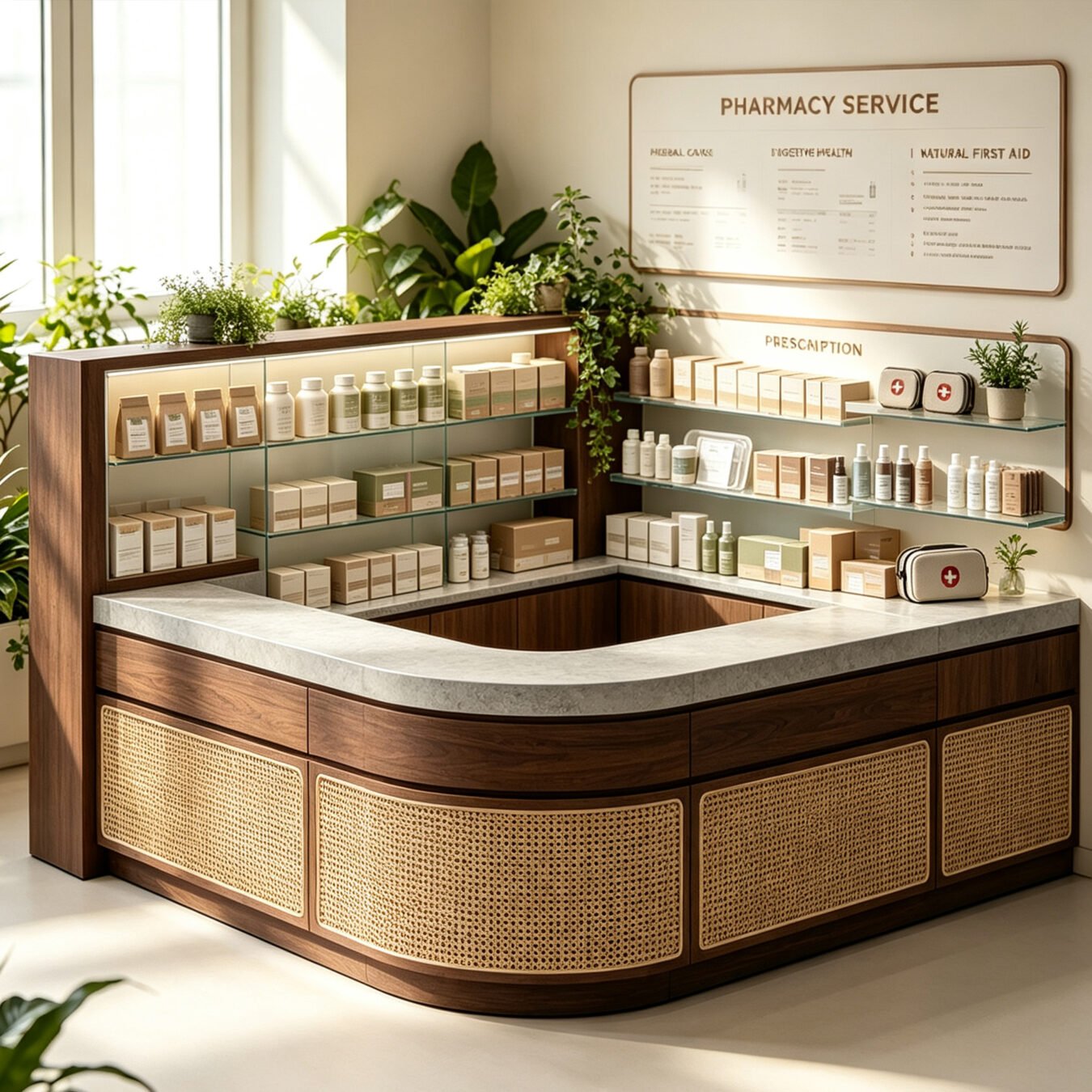 Warm Natural Wood Curved Pharmacy Service Counter with Rattan Cabinet Doors & Built-in Display Shelves - Pharmacy &am...