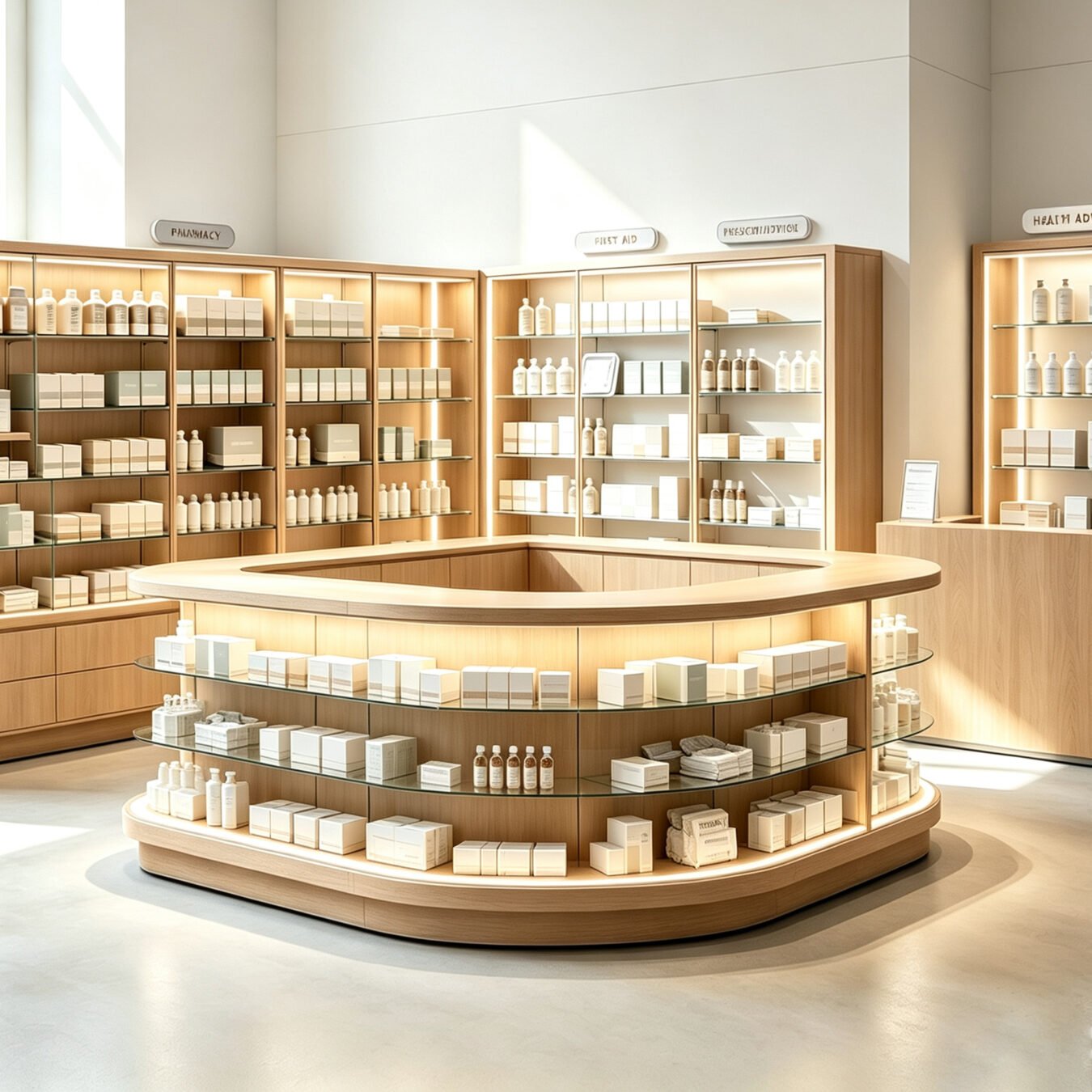 Light Wood Curved Island Counter + U-Shaped Back Wall Cabinet Set for Modern Pharmacy & Skincare Shop - Pharmacy &amp...