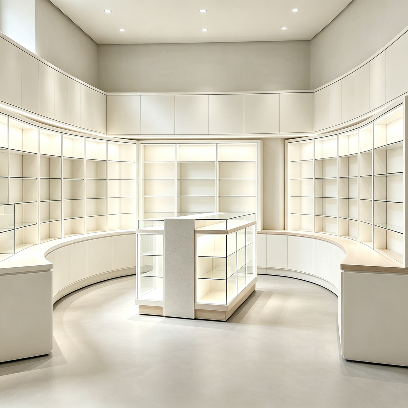 Central Glass Island Showcase + Arc Wall Display Cabinets for Pharmacy, Cosmetic & Wellness Store - Pharmacy & Med...