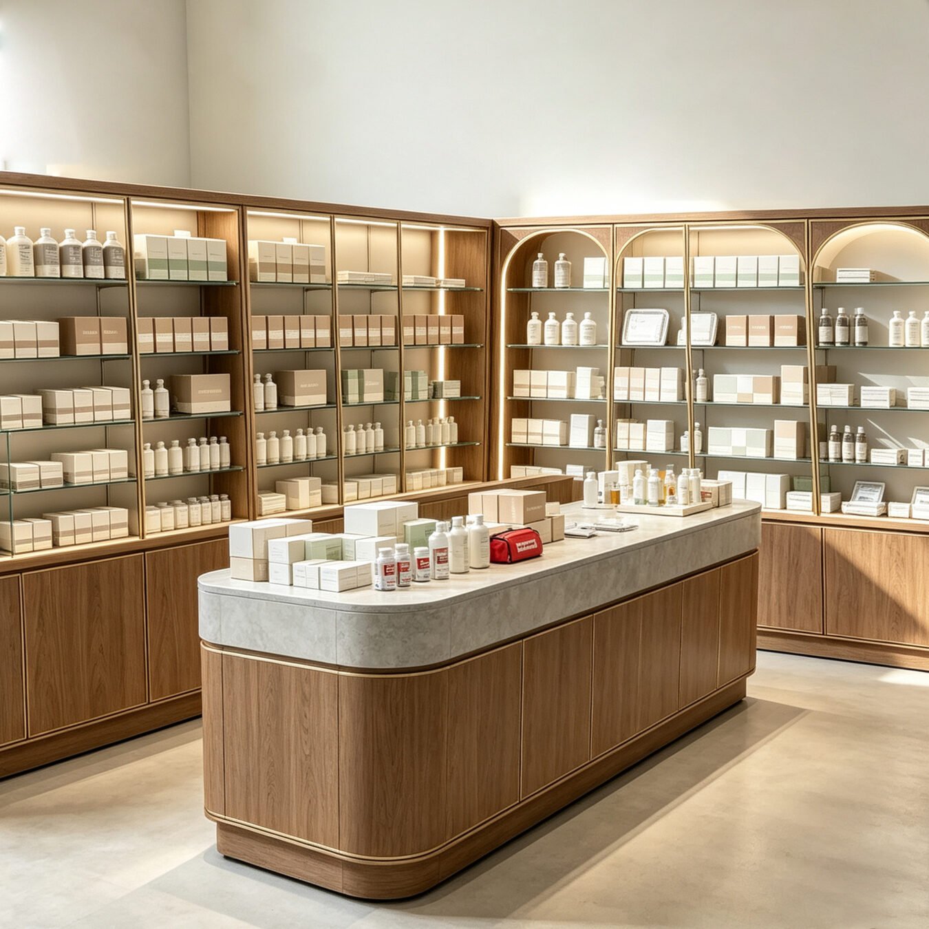 Modern Minimalist Wooden Retail Pharmacy & Cosmetic Display Shop Fitting with LED Lighting - Pharmacy & Medical D...