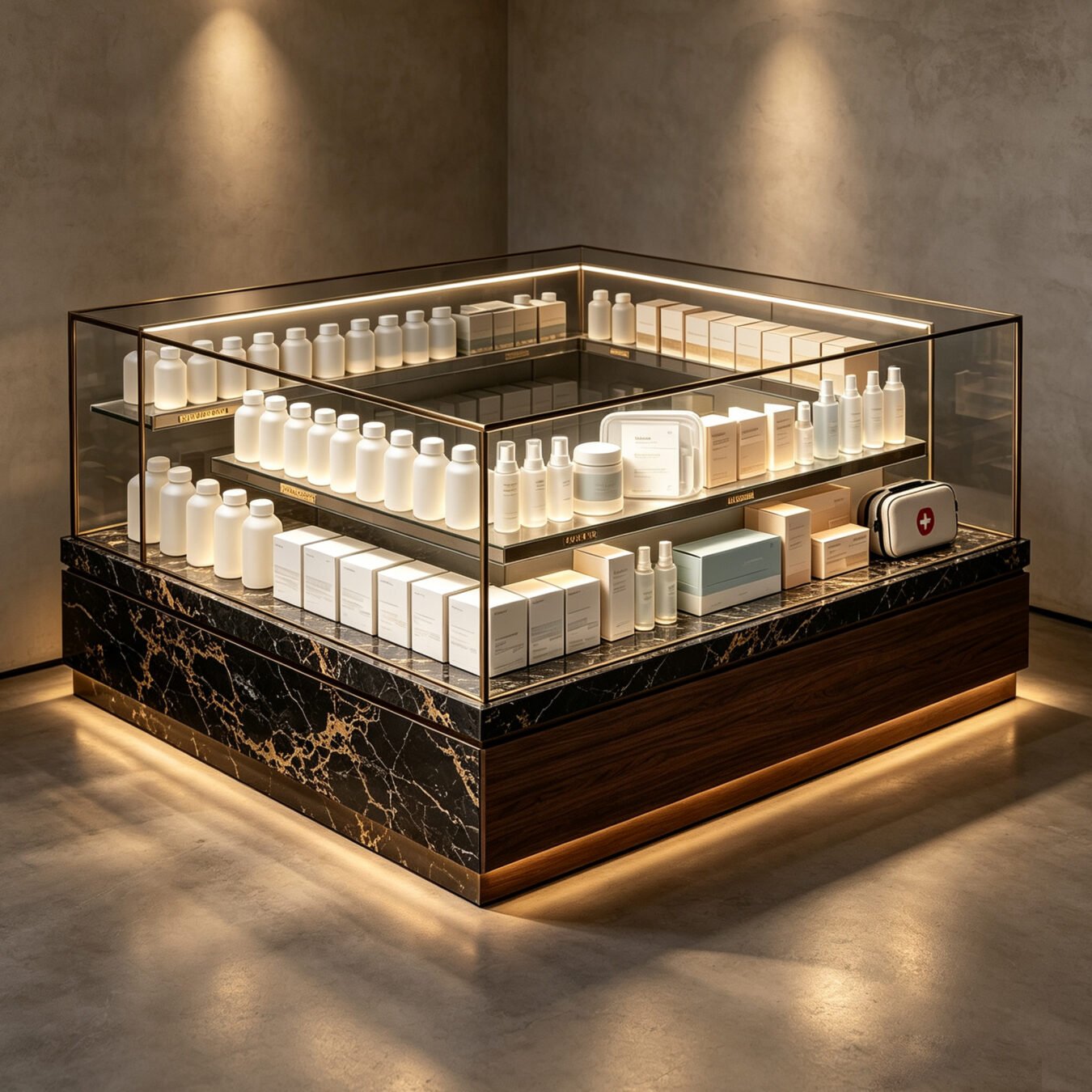 Luxury Island Display Showcase for Pharmacy & Skincare Boutique - Pharmacy & Medical Displays